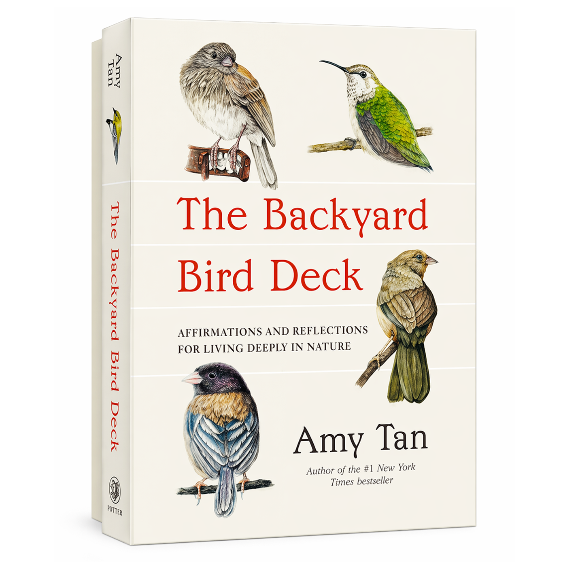 Book titled 'The Backyard Bird Deck' by Amy Tan with illustrations of birds on a white background