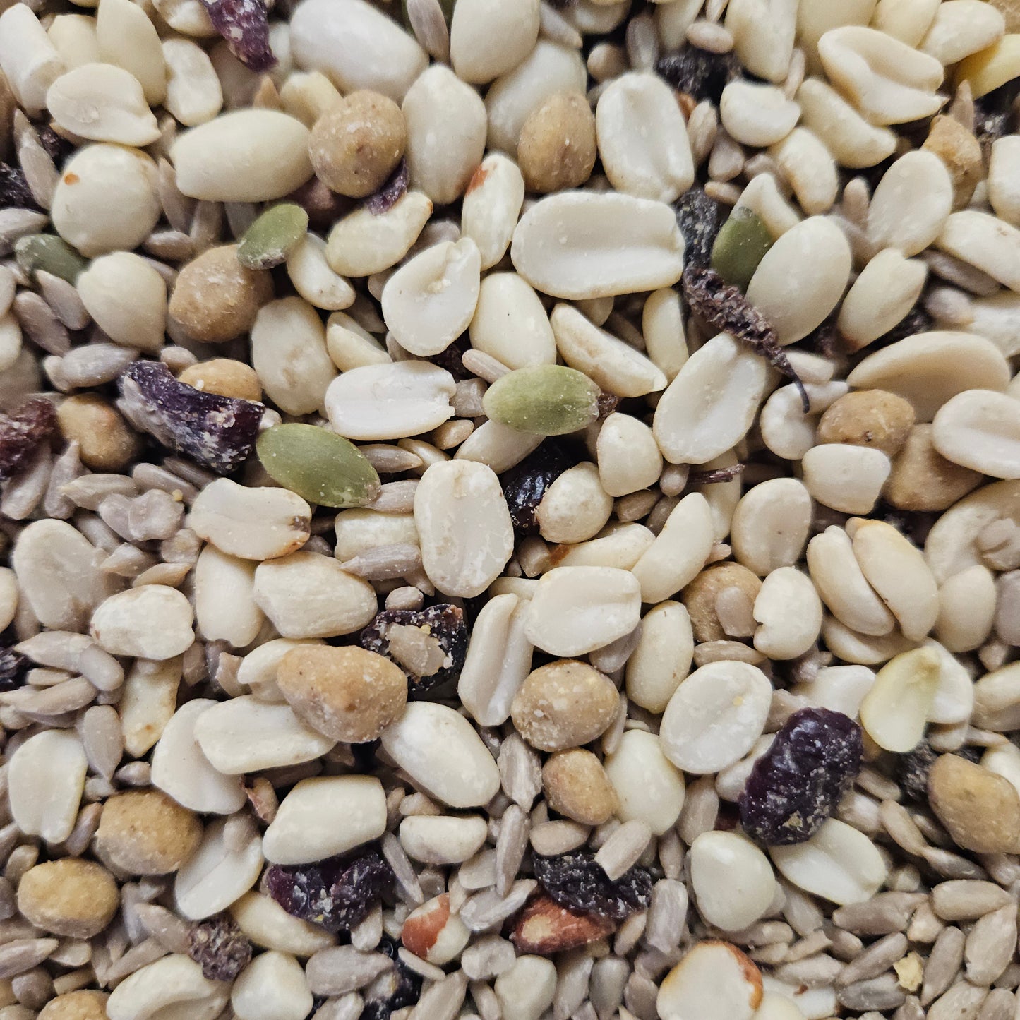 Close-up of a mixture of birdseed containing peanuts, sunflower seeds, dried fruit and suet balls.