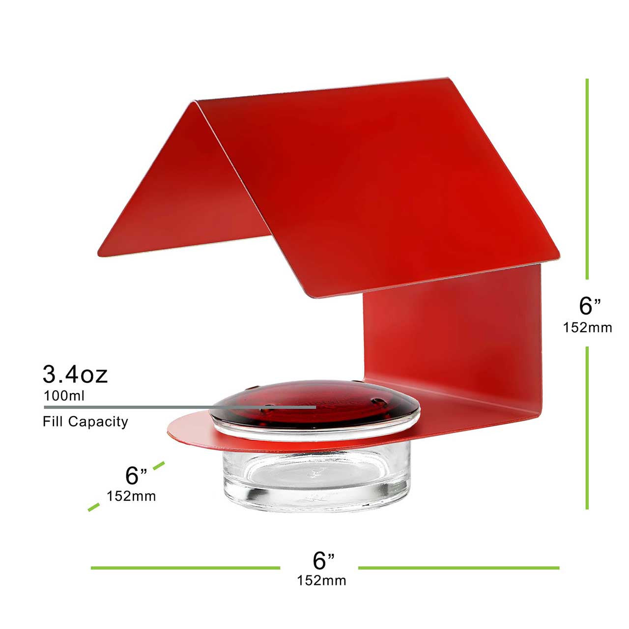 Red and clear container with dimensions and fill capacity labeled on a white background