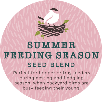 pink round sticker with description of summer feeding season blend with a white illustrated bird in a brown nest
