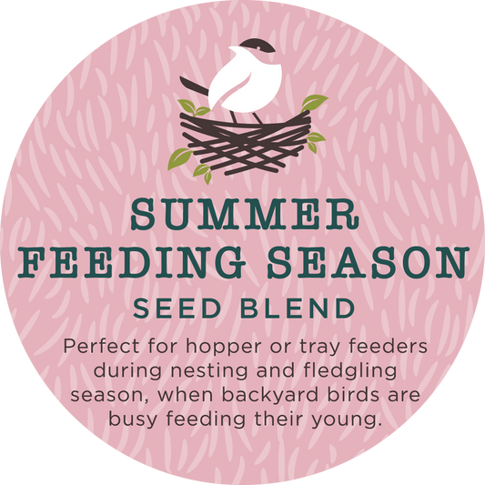 pink round sticker with description of summer feeding season blend with a white illustrated bird in a brown nest