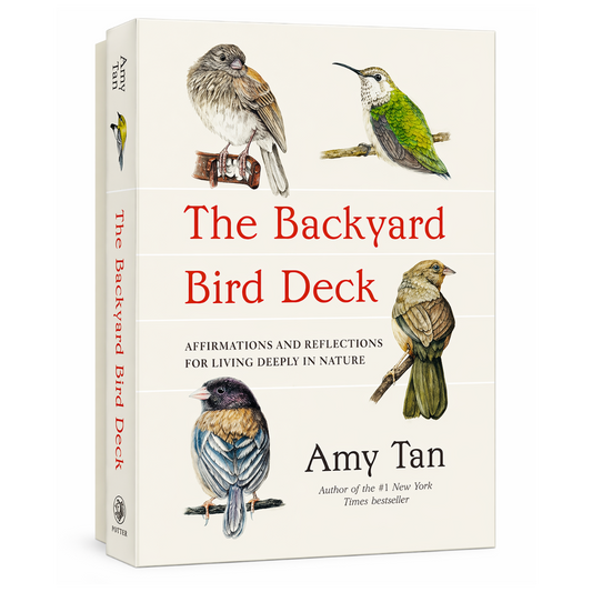 Book titled 'The Backyard Bird Deck' by Amy Tan with illustrations of birds on a white background