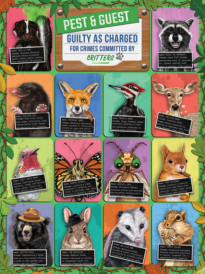 Collection of cards featuring various animals with humorous 'guilty' signs on a colorful background.