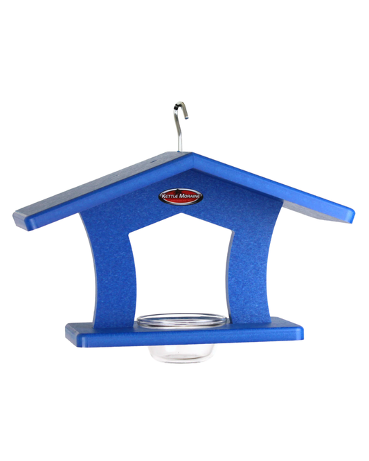 Blue bird feeder with a clear container on a white background