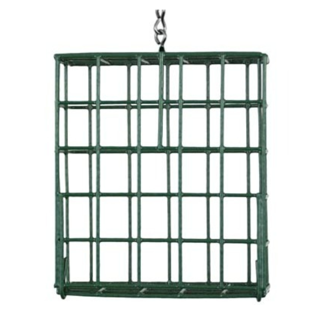 Green metal hanging cage on a white background