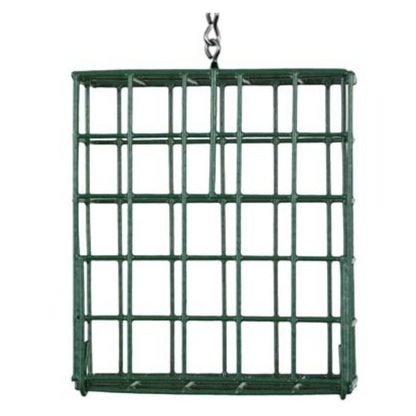 Green metal hanging cage on a white background