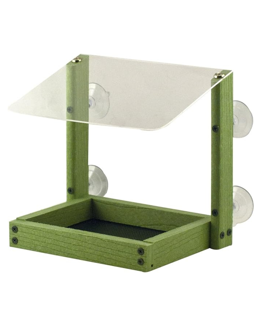 Green bird feeder with clear plastic cover on a white background