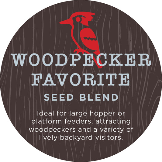 Round label for 'Woodpecker Favorite Seed Blend' with a red woodpecker illustration on a brown background.
