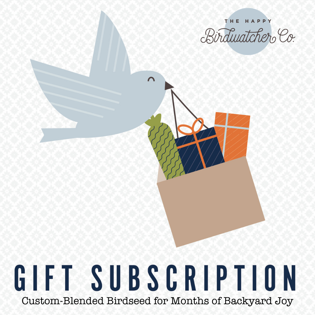 Illustration of a bird with a bag of gift cards and birdseed, promoting a gift subscription service from The Happy Birdwatcher Co.