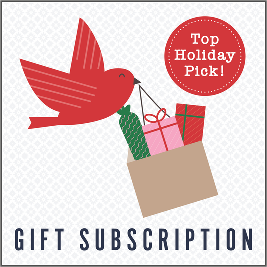 Red bird with a gift bag and presents on a white background, labeled 'Top Holiday Pick! Gift Subscription'.