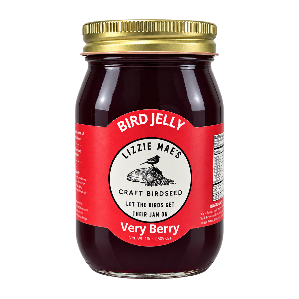 A glass jar of Lizzie Mae's Very Berry Bird Jelly with a gold metal lid and a red label, shown on a plain white background.
