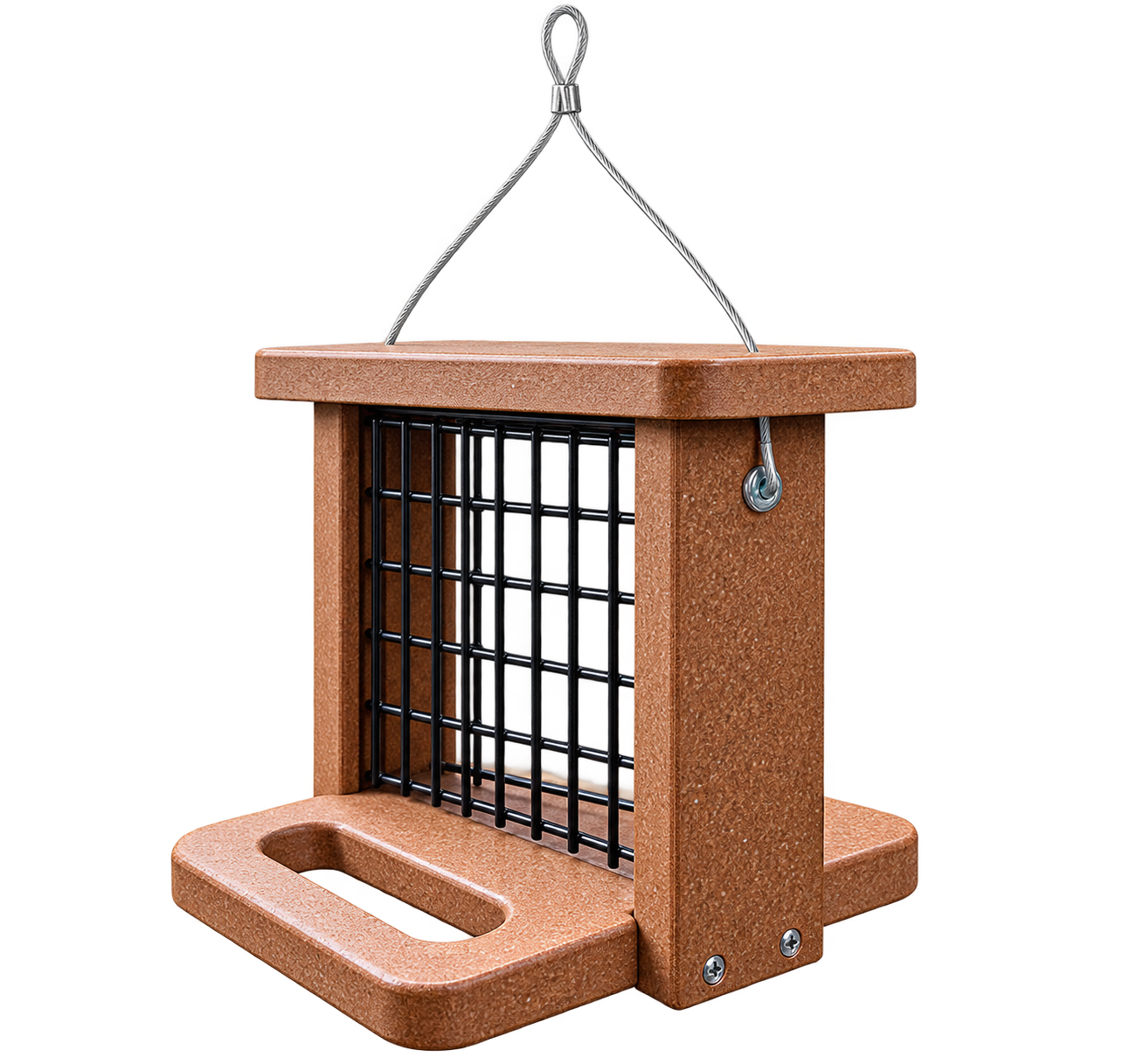 A brown textured plastic bird feeder with a black wire grid front and a silver hanging wire, shown on a plain white background.
