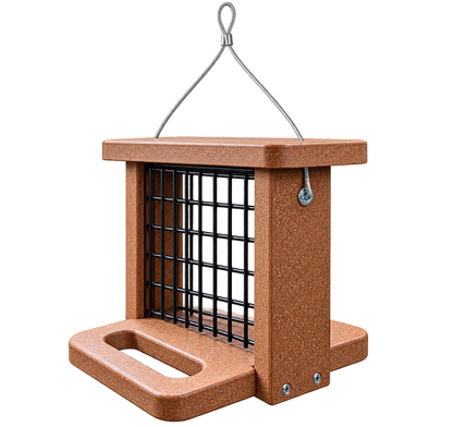 A brown textured plastic bird feeder with a black wire grid front and a silver hanging wire, shown on a plain white background.