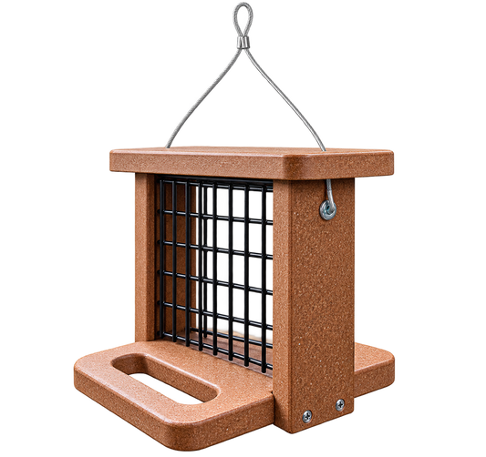 A brown textured plastic bird feeder with a black wire grid front and a silver hanging wire, shown on a plain white background.