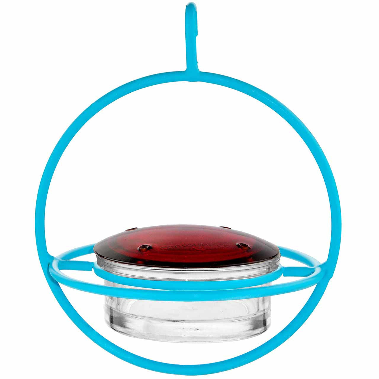 Hummingbird feeder with blue rim and red top on a white background